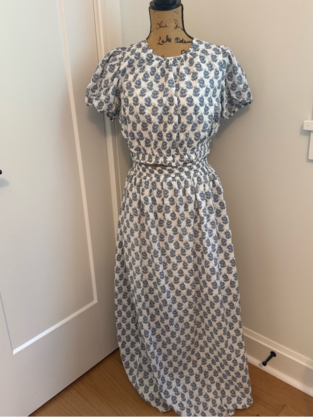 Blue Floral Print White Maxi Dress with Smocked Waist